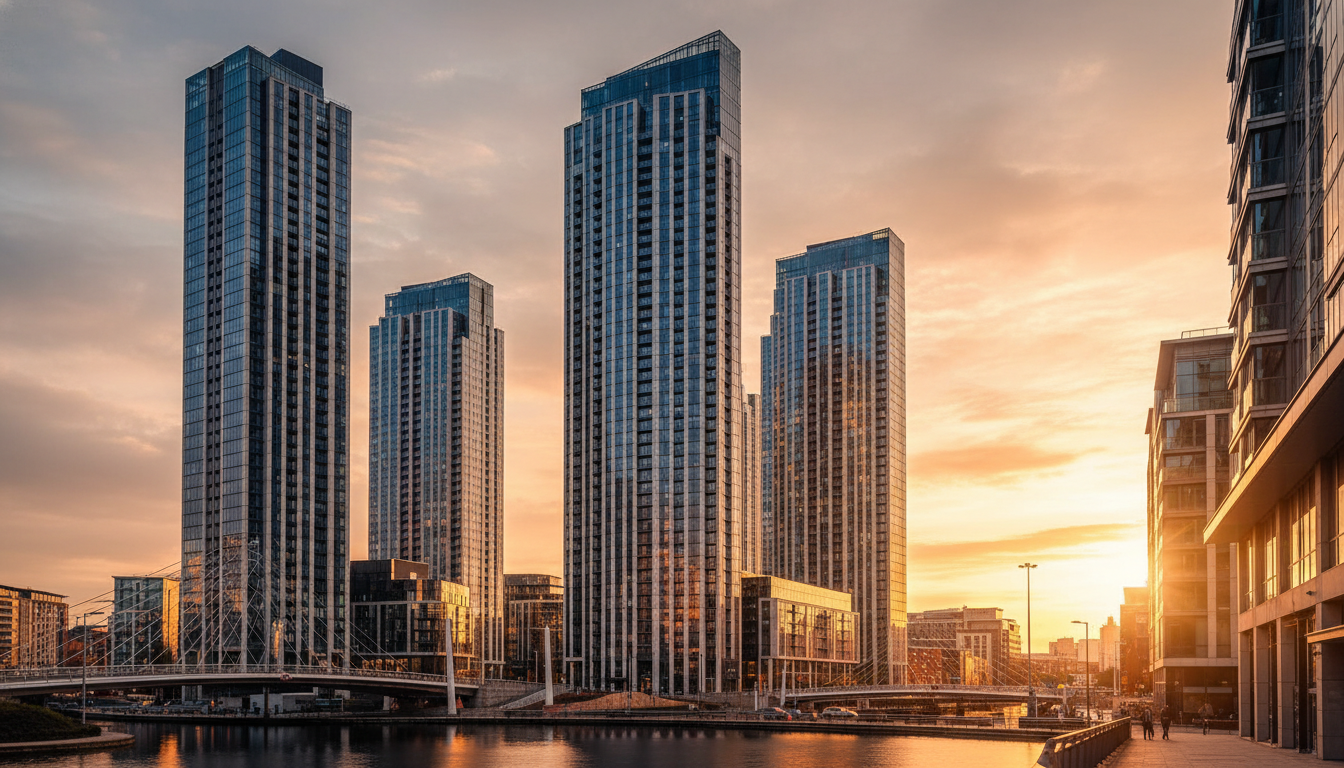 A modern skyline of Manchester's Deansgate Square with sleek residential skyscrapers reflecting the golden hour sun, high-resolution architectural photography, professional aesthetic