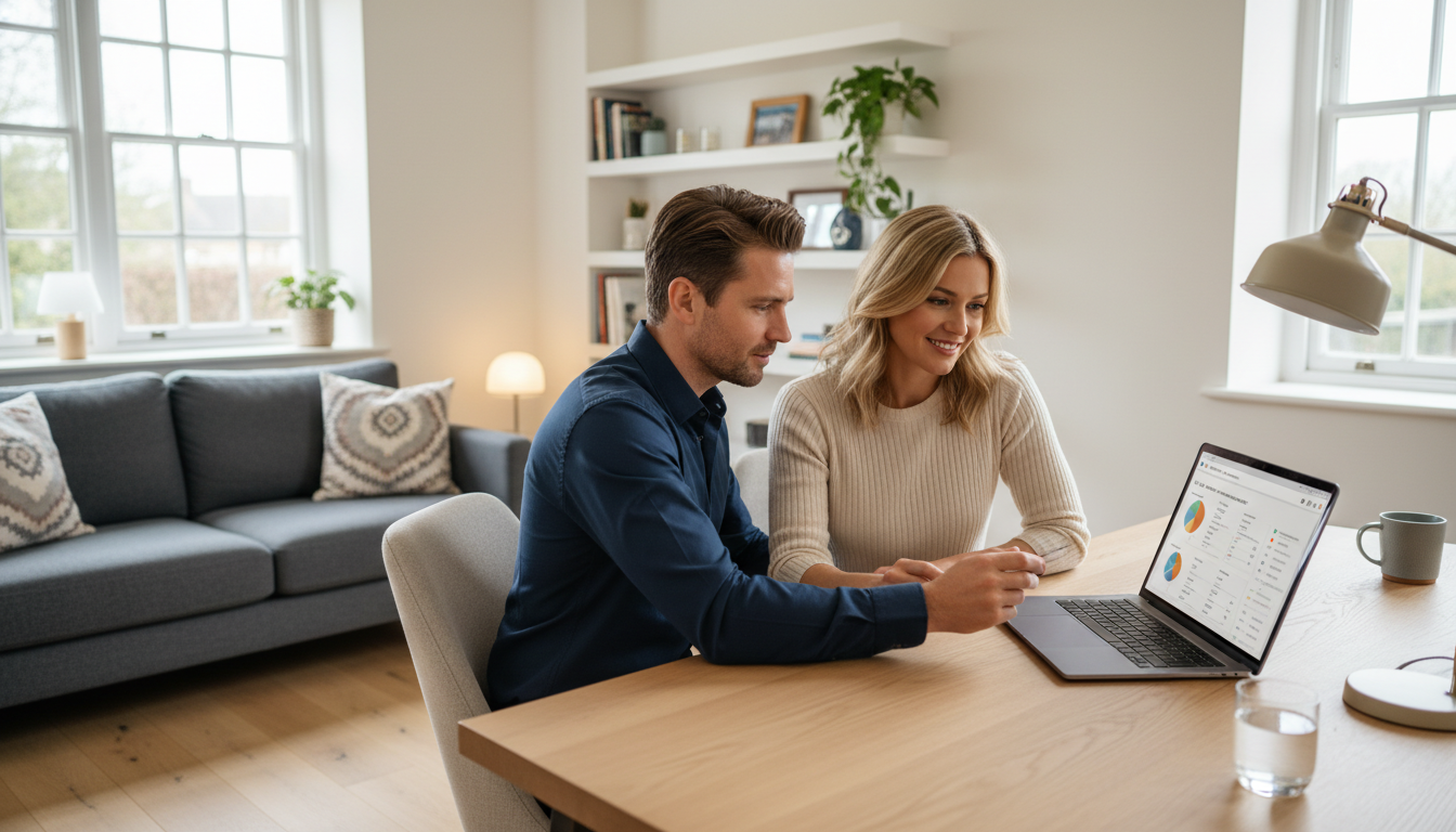 A professional expat couple in their 30s sitting in a modern, sunlit British home office, looking at a laptop screen displaying a diversified investment portfolio dashboard, soft lighting, aspirational lifestyle photography