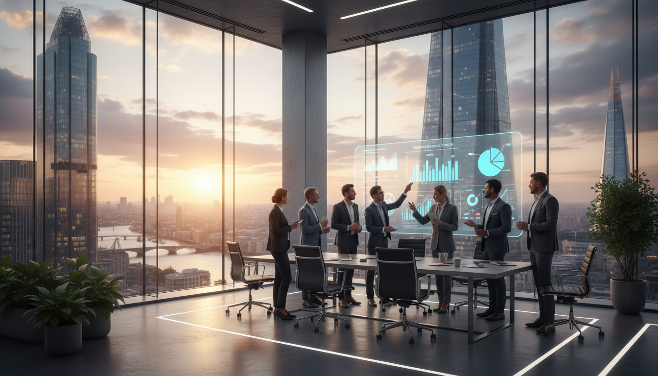 A wide-angle shot of a modern, glass-walled office in Canary Wharf, London, featuring a diverse group of entrepreneurs in smart-casual attire looking at a digital whiteboard showing business growth charts during sunset.