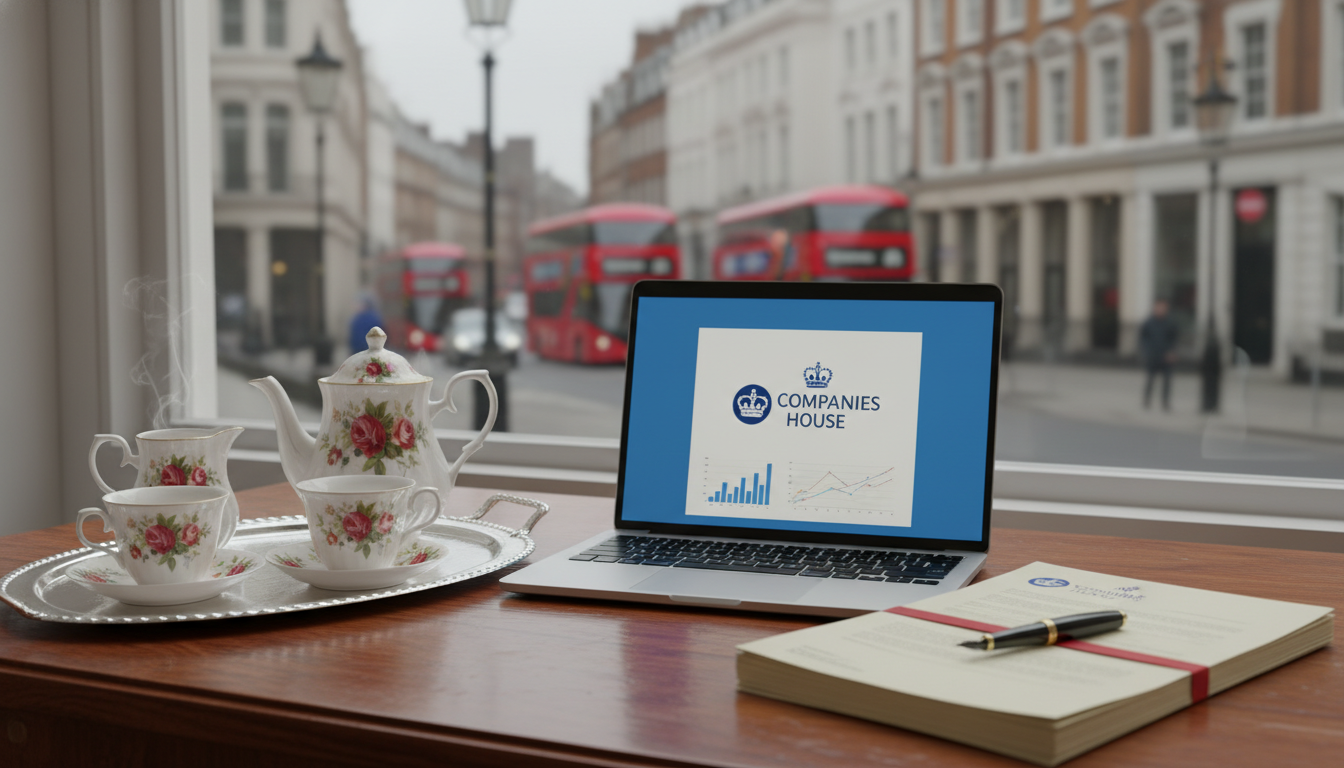 A close-up, high-quality photograph of a wooden desk with a British tea set, a sleek laptop, and a stack of official-looking documents with the 'Companies House' logo visible, set against a blurred background of a traditional London street.