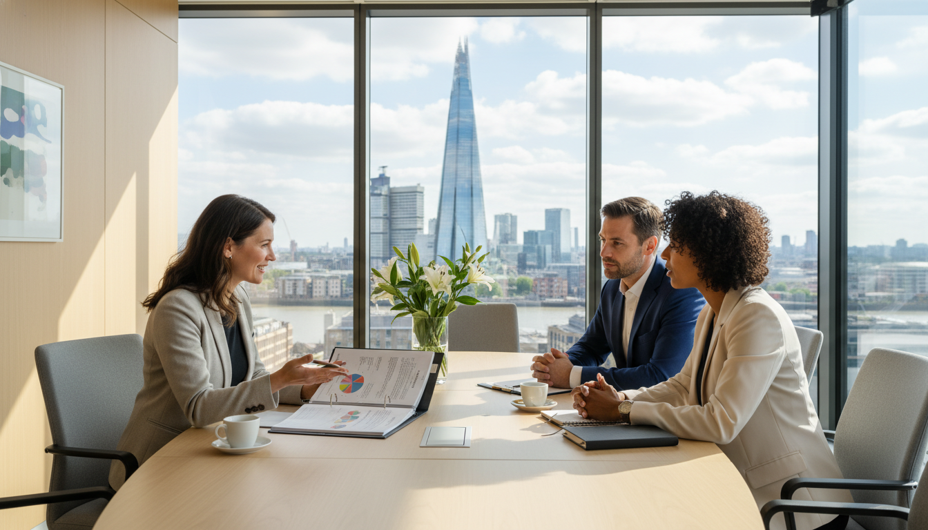 A professional tax consultant sitting in a modern London office with a view of the Shard, explaining complex financial documents to an international couple in a relaxed, friendly atmosphere.