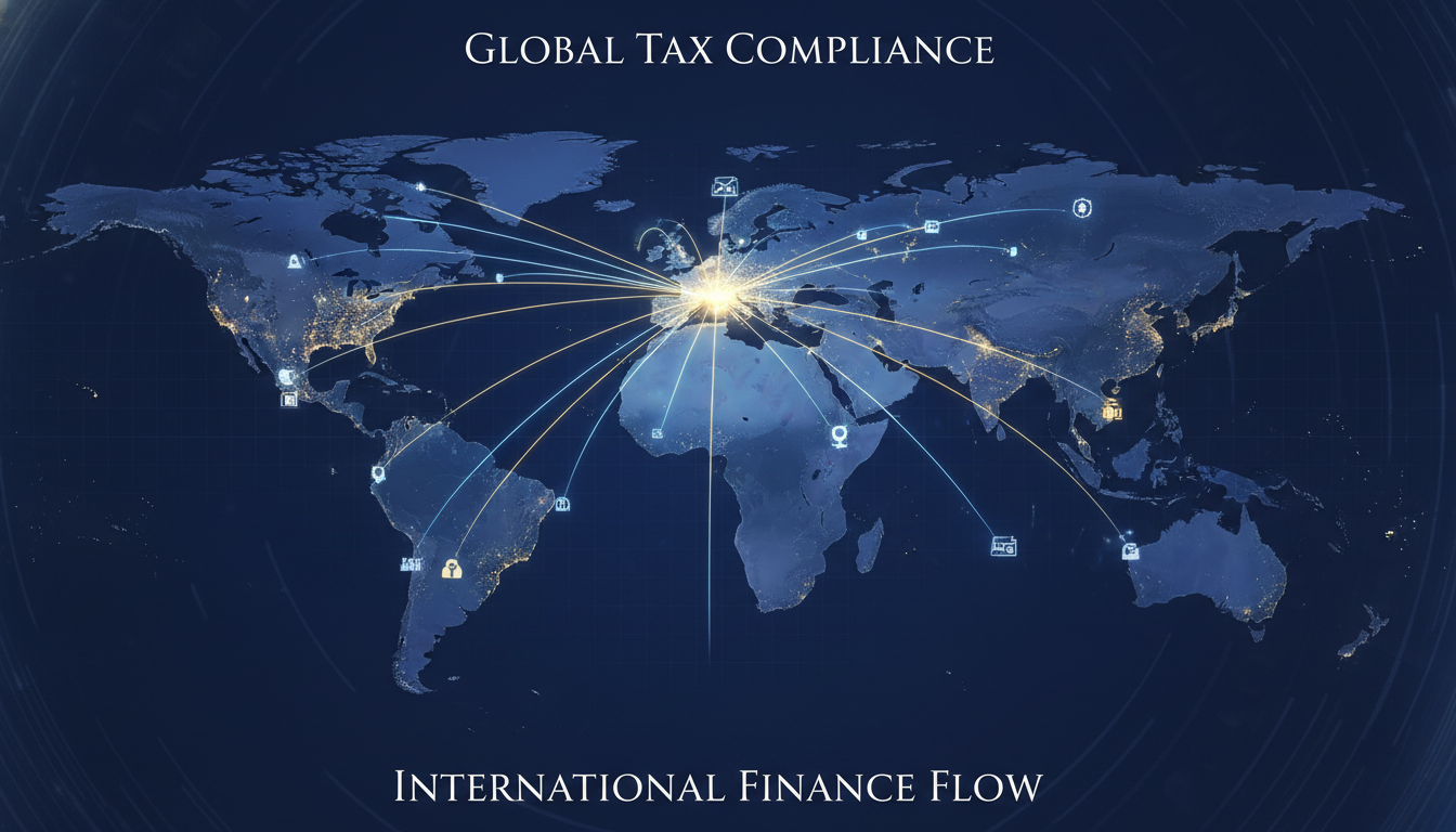 A digital illustration of a world map with glowing connections between the UK and various international cities, symbolizing global tax compliance and the flow of international finance.