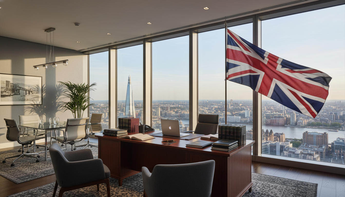 A professional and modern law office interior in London with large windows overlooking the city skyline, featuring a mahogany desk with organized legal documents and a British flag in the background.