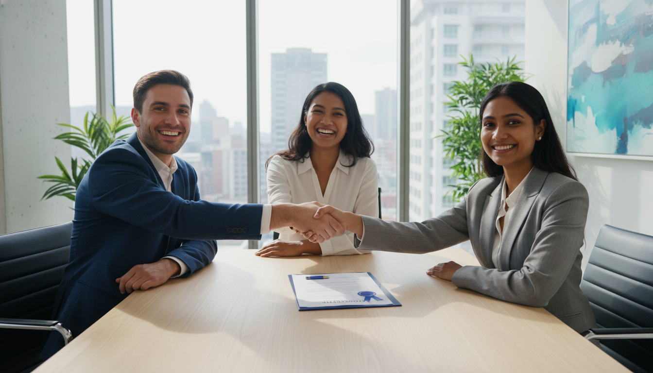 A diverse group of people, an expat couple and their lawyer, sitting in a bright, modern meeting room, smiling and shaking hands over a signed document, symbolizing a successful visa application.
