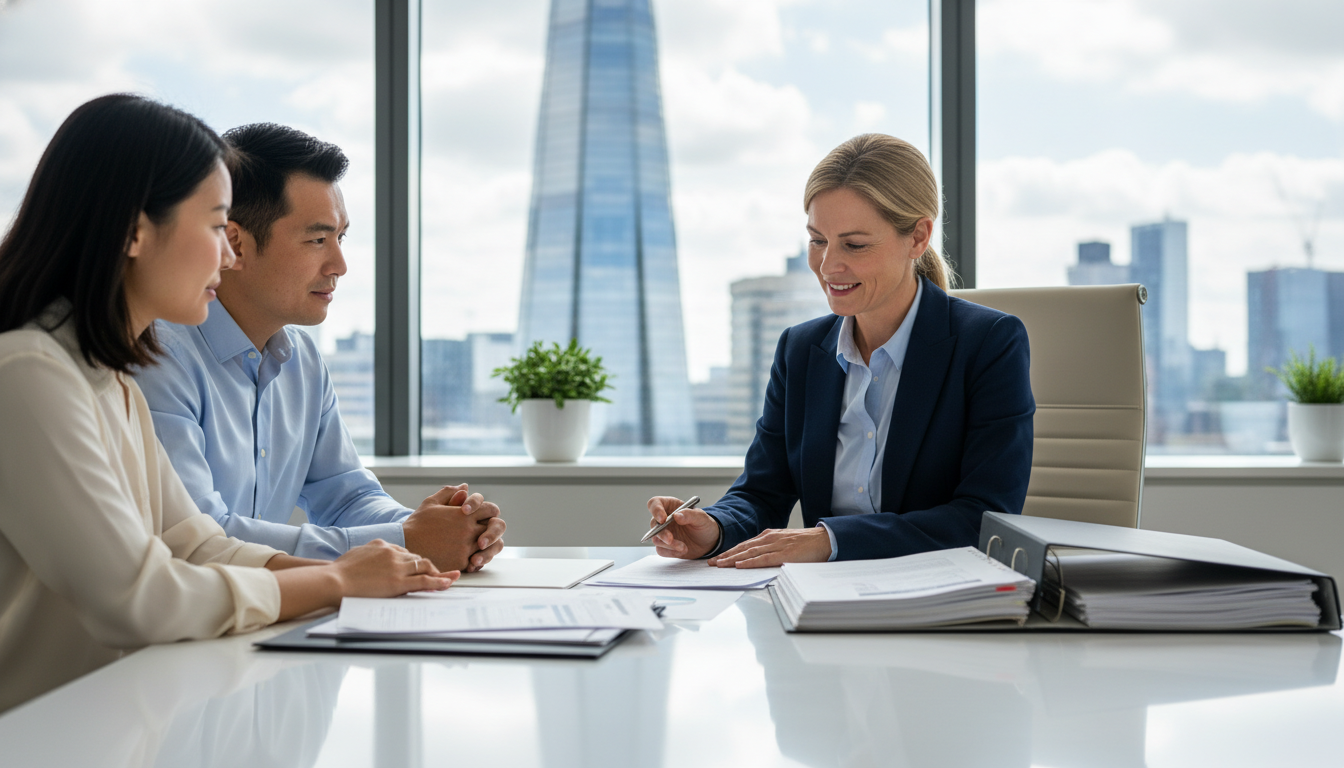 A professional accountant sitting in a modern London office with a view of the Shard, helping an international couple with paperwork, bright and airy atmosphere, high quality photography