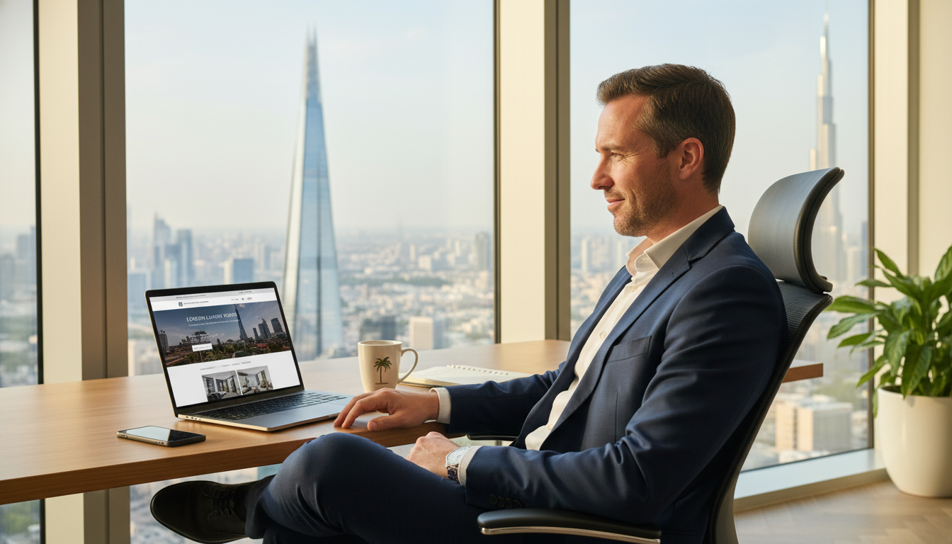 A professional expat sitting in a modern office in Dubai or Singapore, looking at a laptop screen displaying a London real estate website with the Shard in the background.