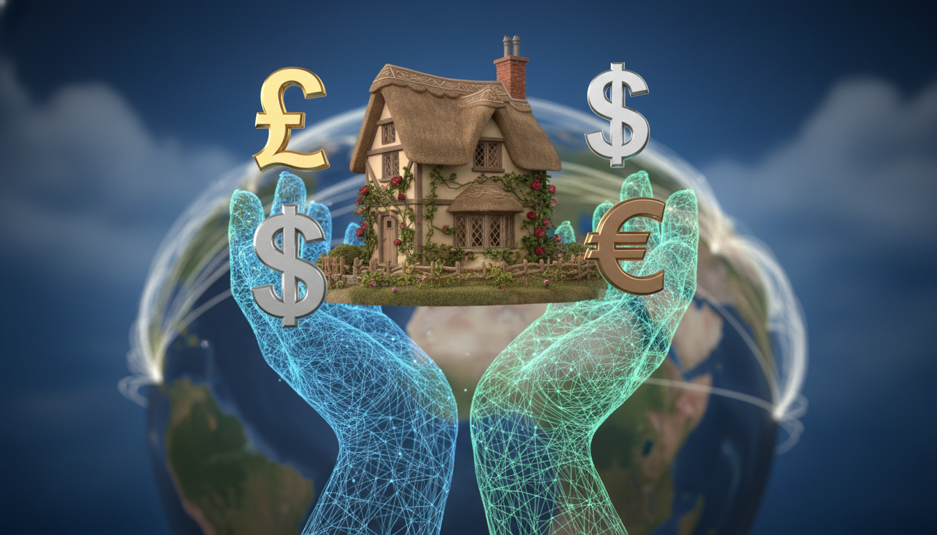 A stylized 3D render of a British house being held by two hands representing international connection, with currency symbols like GBP, USD, and Euro floating around.