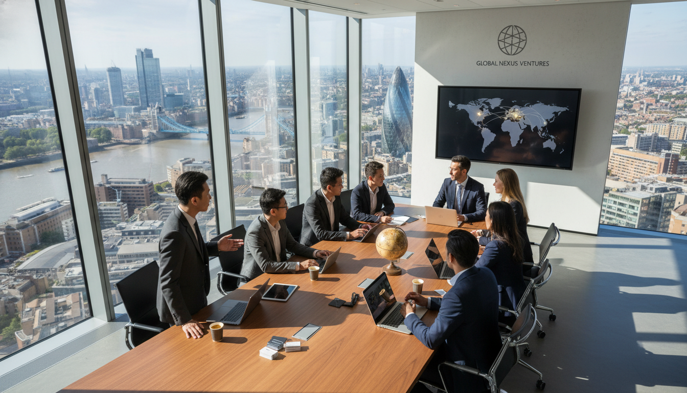 A wide-angle shot of a modern, sunlit office in a London skyscraper overlooking the River Thames, with a diverse group of entrepreneurs in a business meeting, emphasizing global connectivity and professionalism.