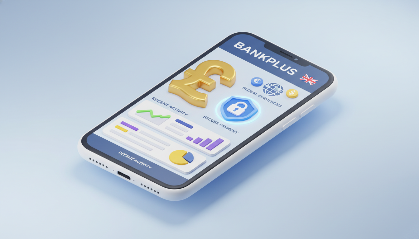 A high-quality 3D isometric illustration of a digital banking interface on a smartphone, with icons representing UK pounds, global currencies, and a digital shield for security, set against a clean minimalist background.